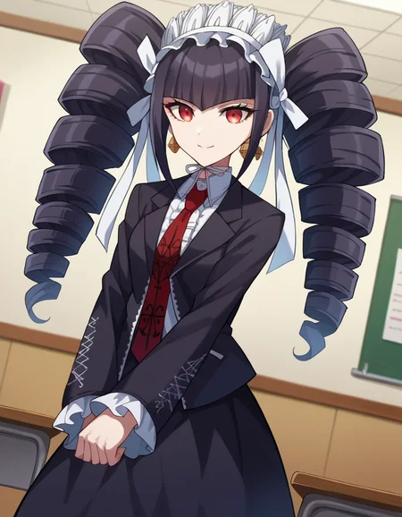 score_9, score_8_up, score_7_up, source_anime,
celestialudenberg, <lora:celestia-ludenberg-ponyxl-lora-nochekaiser:1>,
celestia ludenberg, long hair, bangs, black hair, red eyes, long sleeves, twintails, drill hair, twin drills, smile,
skirt, shirt, black hair, long sleeves, jewelry, jacket, earrings, frills, necktie, black skirt, black jacket, red necktie, bonnet, print necktie,
indoors, classroom,
looking at viewer, cowboy shot, dutch angle,