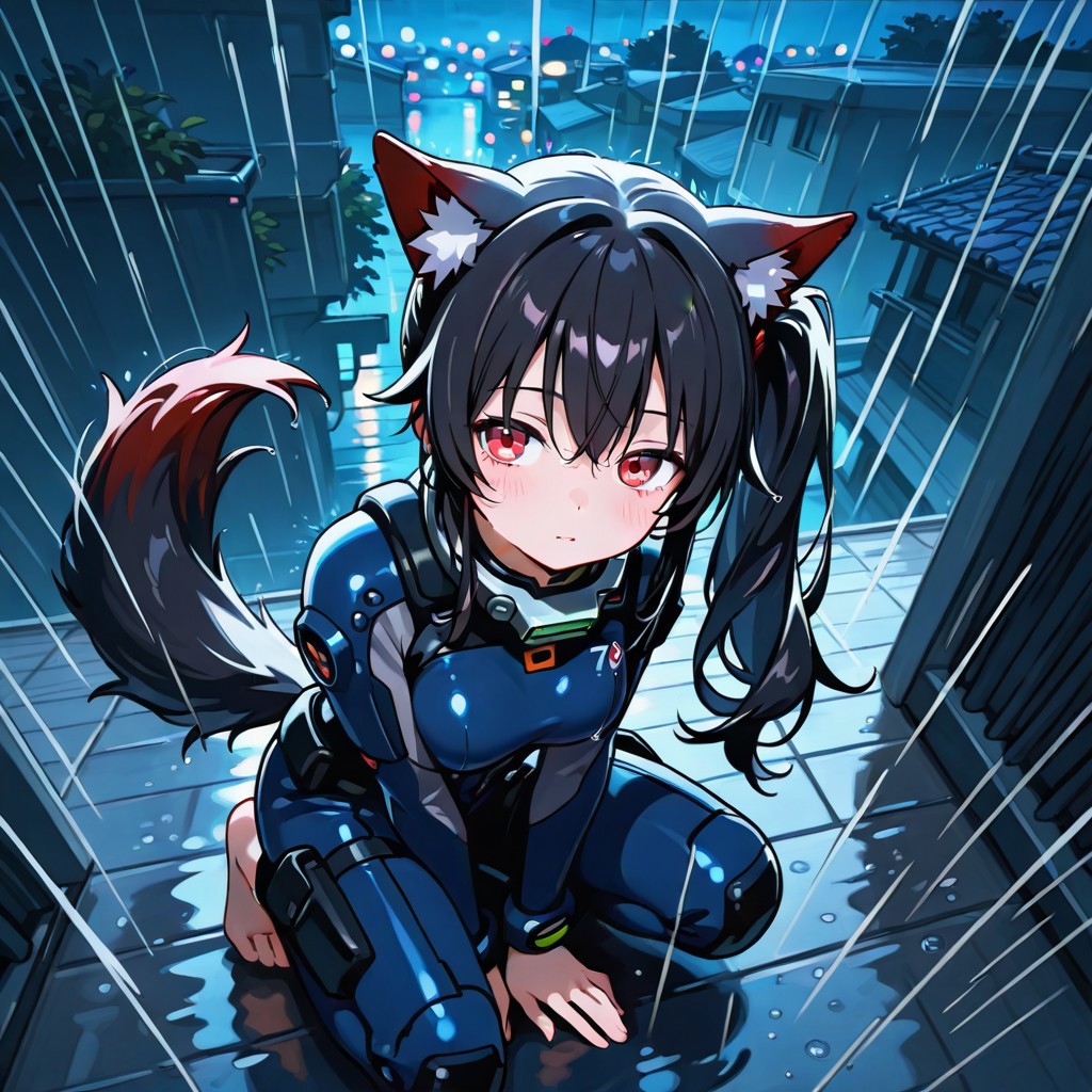 score_9, score_8_up, score_7_up, Masterpiece, superior quality, amazing quality, very aesthetic, absurd, ultra-detailed face, ultra-detailed eyes,
1 girl, alone, animal ears, wolf ears, wolf tail, long hair, black hair, side ponytail, red eyes, young woman, medium breasts, barefoot,
Special operations suit, special operations armor, electric metal collar.
Squatting, on a building roof, looking at the street, at night, nighttime atmosphere, raining, in the rain.
Scene view, spectator out of perception, View from above, full-body view