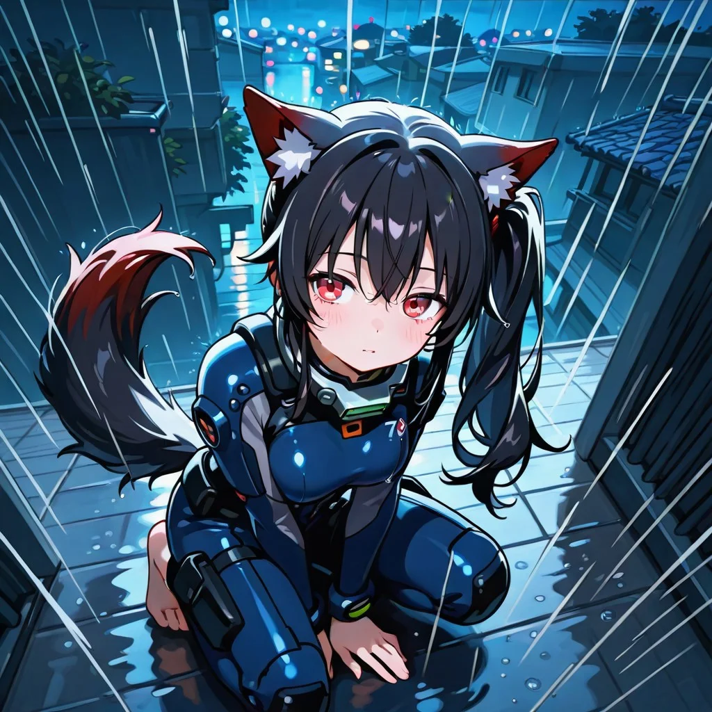 score_9, score_8_up, score_7_up, Masterpiece, superior quality, amazing quality, very aesthetic, absurd, ultra-detailed face, ultra-detailed eyes,
1 girl, alone, animal ears, wolf ears, wolf tail, long hair, black hair, side ponytail, red eyes, young woman, medium breasts, barefoot,
Special operations suit, special operations armor, electric metal collar.
Squatting, on a building roof, looking at the street, at night, nighttime atmosphere, raining, in the rain.
Scene view, spectator out of perception, View from above, full-body view