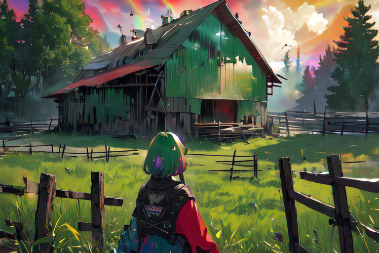 (otherworldly), highly insanely detailed, masterpiece, top quality, best quality, highres, 4k, 8k, RAW photo, (very aesthetic, beautiful and aesthetic), farm, fields, barn, fence, fantfa, <lora:FantasyFarm-10:0.8>, 
1girl, 
(dark green hair ,rainbow hair,Iridescence hair,colored inner hair), 
(red background),âââ