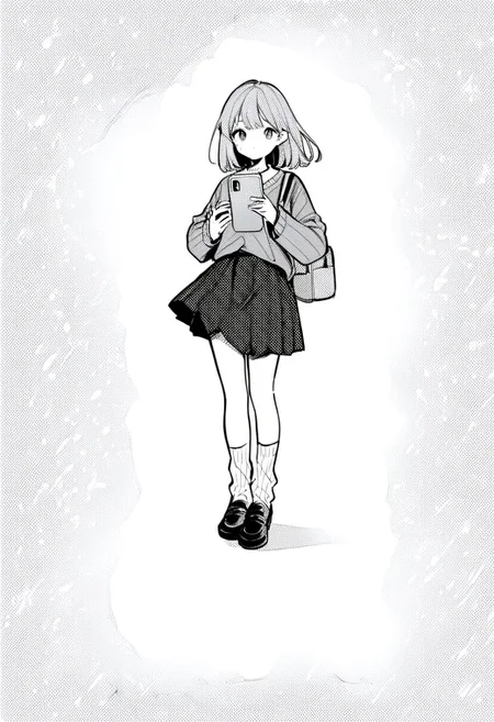 1girl, greyscale, monochrome, skirt, solo, bag, loafers, holding, shoes, socks, holding phone, plaid,
kzit,