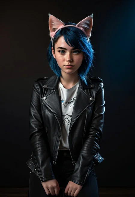 (StackedShortstack), solo, looking at viewer, shirt, 1girl, animal ears, blue hair, jacket, female focus, cat ears, black jacket, freckles, realistic, leather, leather jacket, cat ears, animal ears, full body, foreshortening, cinematic lighting, cinematic angle, dark, dark background, masterpiece, best quality