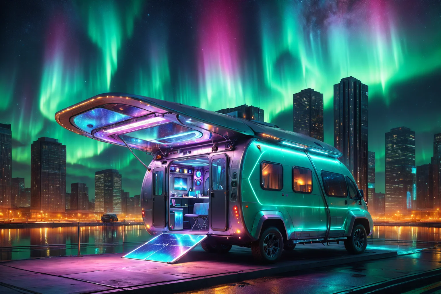 morph-aurora, a futuristic camper with expandable roof, solar panels, solo, magnetic levitation, hovering frame, futuristic bridge, glowing supports, city below, detailed background, parked at a charging station, cables connected, lights pulsing, portrait focus, close-up shot, a holographic camera, recording nearby, best quality, rich colors, photorealistic style, high detail, high-definition, hyper-realistic, extremely high-resolution details, fine texture, incredibly lifelike, realistic, not fantasy, not anime, not drawing, highres, 4K resolution, source photo, realistic photo, masterpiece, best quality, amazing quality, very aesthetic, ultra-detailed, detailed surfaces, natural metallic tones, soft lighting, neon green, glowing accents, dim light, dynamic angle, wide shot, <lora:add-detail-xl:1> <lora:aurora_0_100_V1-000009:0.65>