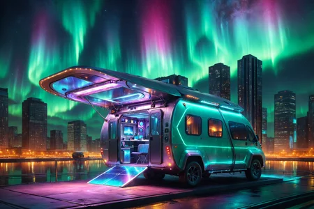 morph-aurora, a futuristic camper with expandable roof, solar panels, solo, magnetic levitation, hovering frame, futuristic bridge, glowing supports, city below, detailed background, parked at a charging station, cables connected, lights pulsing, portrait focus, close-up shot, a holographic camera, recording nearby, best quality, rich colors, photorealistic style, high detail, high-definition, hyper-realistic, extremely high-resolution details, fine texture, incredibly lifelike, realistic, not fantasy, not anime, not drawing, highres, 4K resolution, source photo, realistic photo, masterpiece, best quality, amazing quality, very aesthetic, ultra-detailed, detailed surfaces, natural metallic tones, soft lighting, neon green, glowing accents, dim light, dynamic angle, wide shot, <lora:add-detail-xl:1> <lora:aurora_0_100_V1-000009:0.65>