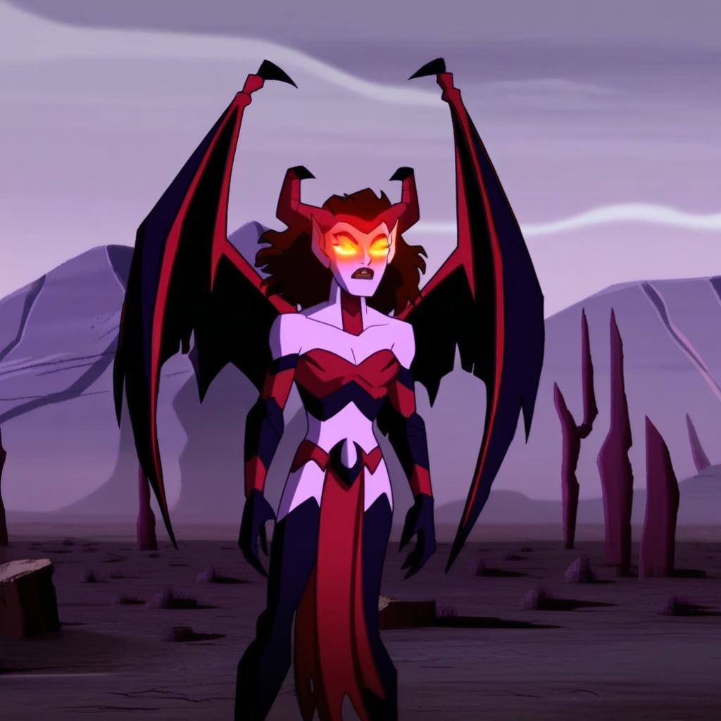 score_9, solo, darklillith, horns, glowing eyes, wings, pointy ears
