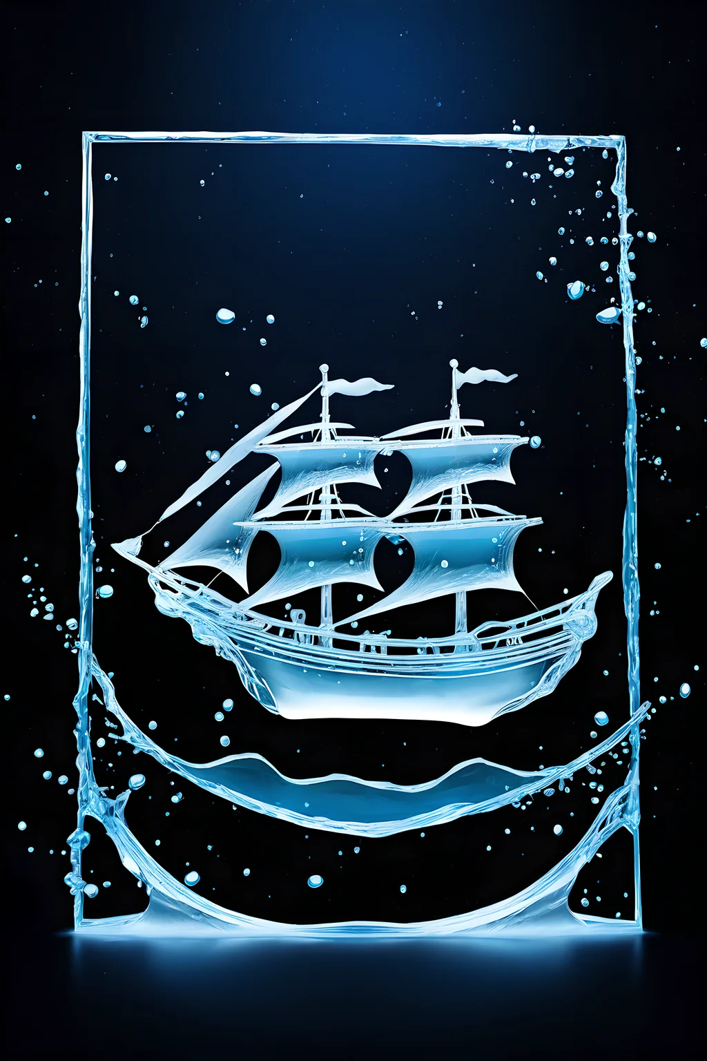 3D papercut shadow box of ship (made of water:1.4) flying through magical night sky, dark, <lora:watercd_xl-000008:0.8> watercd_xl, layered, dimensional, depth, silhouette, shadow, papercut, handmade, high contrast