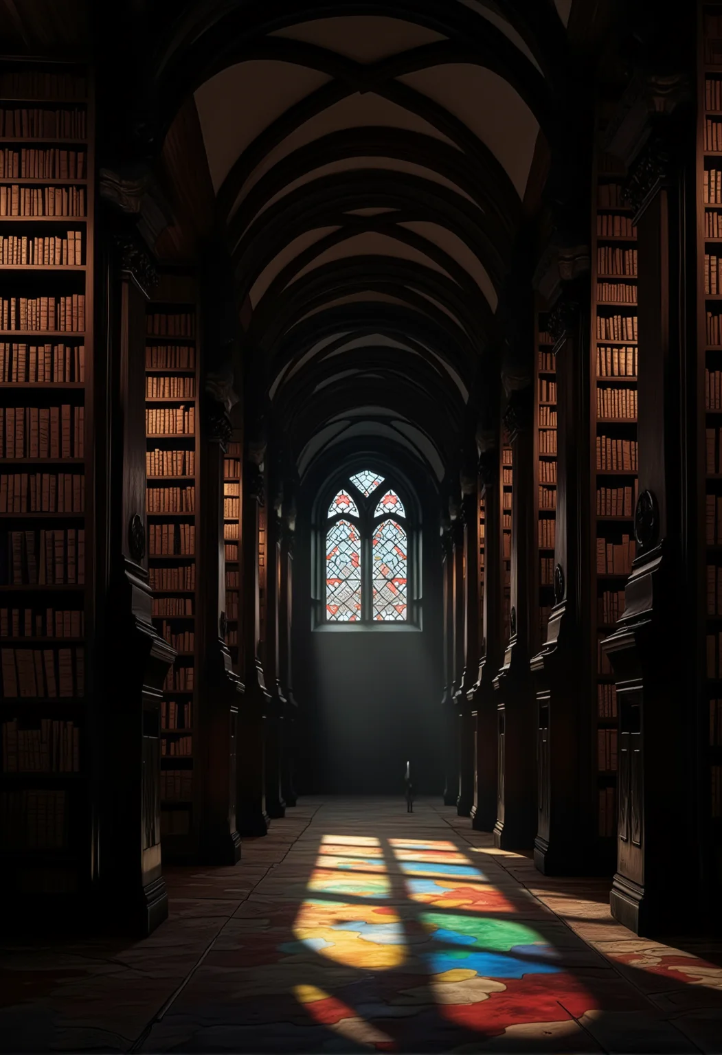 A vast and empty library hall with light streaming through stained glass windows, creating colorful patterns on the floor, as the distant sound of a clocktower echoes. bv-daraca<lora:bv-dark-academia-v1.safetensors:1.0:1.0>