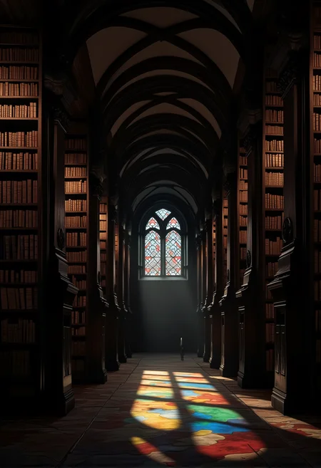 A vast and empty library hall with light streaming through stained glass windows, creating colorful patterns on the floor, as the distant sound of a clocktower echoes. bv-daraca<lora:bv-dark-academia-v1.safetensors:1.0:1.0>
