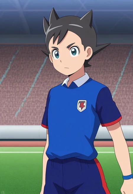 masterpiece,best quality,amazing quality, source_anime,
InamoriAsuto, 1boy, male focus, solo, green eyes, black hair, spiked hair, orion soccer uniform, shirt, blue shirt, raglan sleeves, short sleeves,