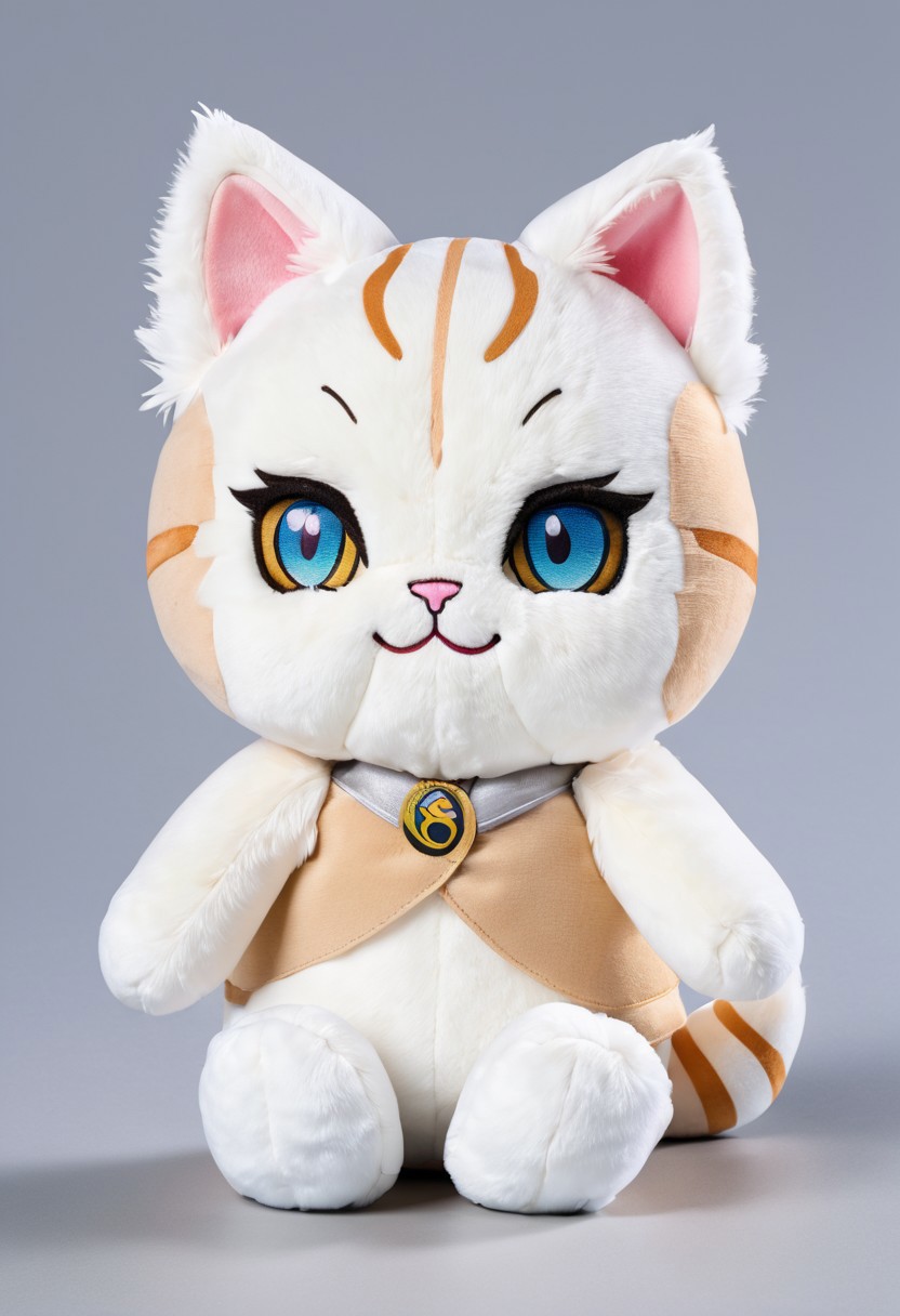 score_9, score_8_up, score_7_up, score_6_up, score_5_up, score_4_up  <lora:woafu_plushify_sdxl_v02:1> single, plushify, character stuffed toy, chibi, adorable cat, extremely detailed, realistic, simple background, fluffy, 8k, masterpiece,