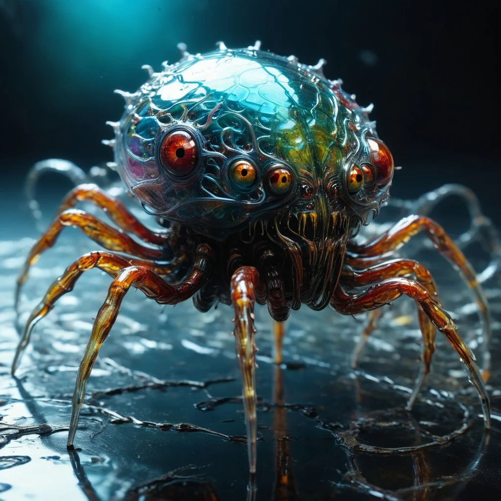 bioengineered glass spider monster, many legs, spindly legs, lots of eyes, (transparency:1.4), (detailed cybernetic implants fused with organic matter), visible organs, visible brain, full body, hundreds of tiny eyes, (with intensely vibrant swirling colors:1.3), realistic photo, artialien, looking at viewer