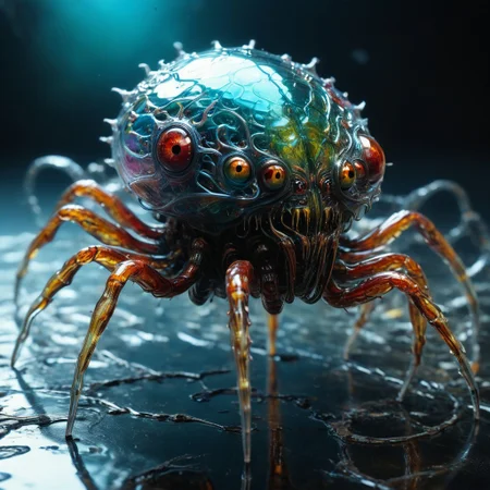 bioengineered glass spider monster, many legs, spindly legs, lots of eyes, (transparency:1.4), (detailed cybernetic implants fused with organic matter), visible organs, visible brain, full body, hundreds of tiny eyes, (with intensely vibrant swirling colors:1.3), realistic photo, artialien, looking at viewer
