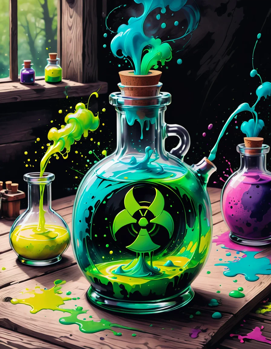 a magical potion bottle, filled with radioactive goo <lora:SDXLPaintSplash:0.6> Colorsplash