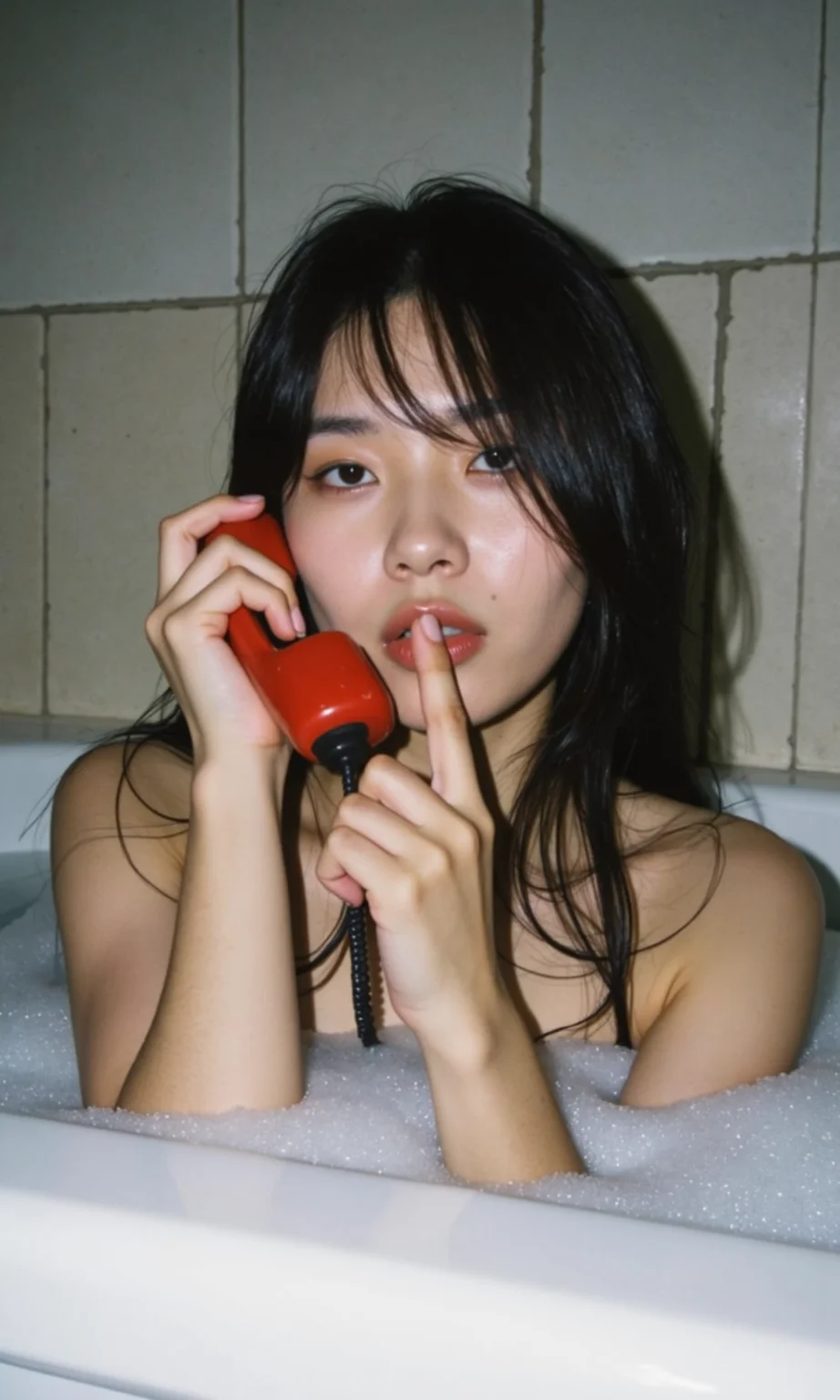 photo-fen, polaroid style, film grain
A portrait shot of a woman taking a bath in a bathtub. Her long hair is dishevelled. One hand holds a red phone to her ear and the other hand is placed near her mouth, with her index finger raised and her lips parted slightly, as if hinting to be quiet. Her gaze is directed towards the camera. The bathtub is filled with foam. Her fair skin is covered with water droplets. The background is a dilapidated ceramic tile wall, creating an intimate and leisurely atmosphere.