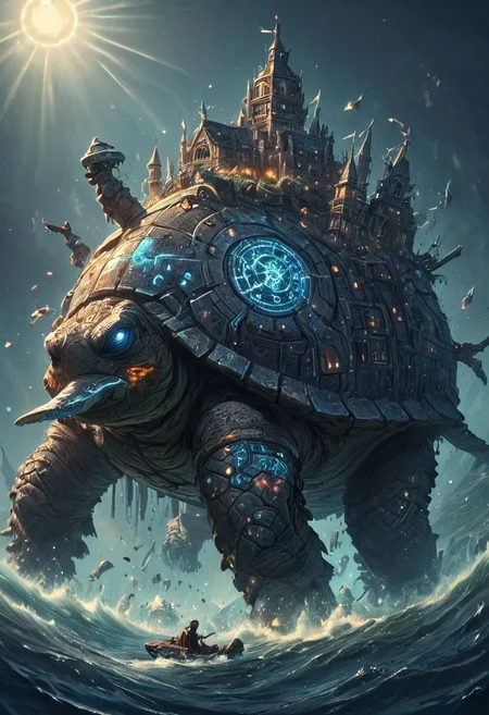 Big enormous giant energy turtle with magical fantasy city on its back, swimming in across monster ocean