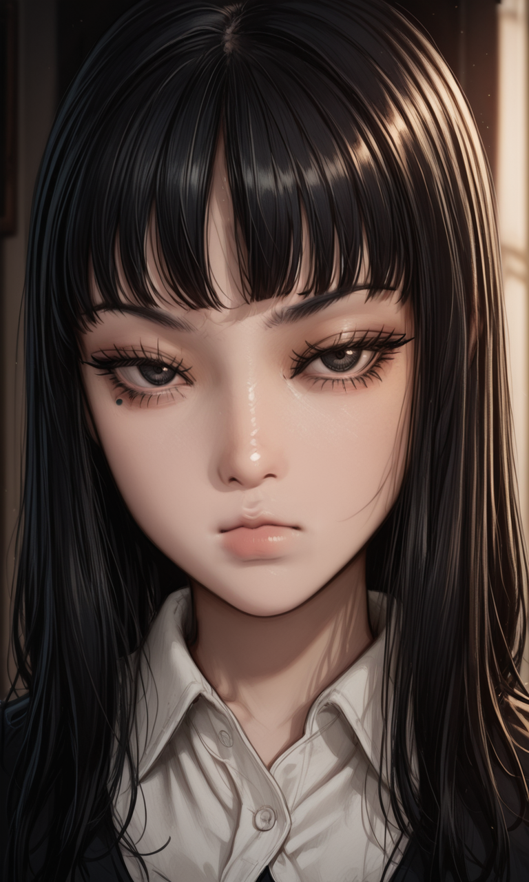 1girl, tomi3, black hair bangs, close-up, mole, eyelashes, mole, annoyed, narrowed eyes, pursed lips, eyelashes, dramatic lighting, dark lighting, contrast lighting, looking at viewer, embedding:IllustriousQual, embedding:Smooth Quality, 1girl, tomi3, black hair bangs, close-up, mole, eyelashes, mole, annoyed, narrowed eyes, pursed lips, eyelashes, dramatic lighting, dark lighting, contrast lighting, looking at viewer, embedding:IllustriousQual, embedding:Smooth Quality,<lora:MoriiMee_Gothic_Niji_Style_Illustrious_r1.safetensors:0.2:0.2> <lora:tomi3.safetensors:1:1>