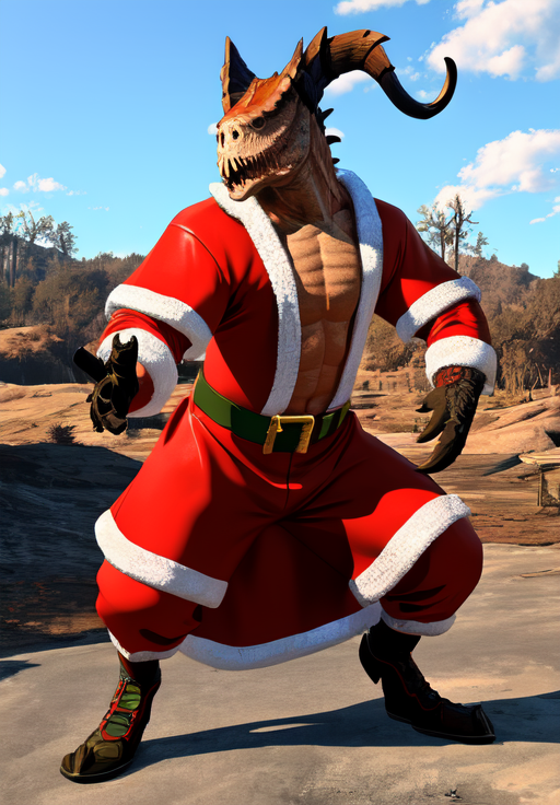 <lora:Deathclaw:0.8>, deathclaw, santa costume,, (masterpiece, best quality, absurdres, detailed, ultra-detailed:1.3)