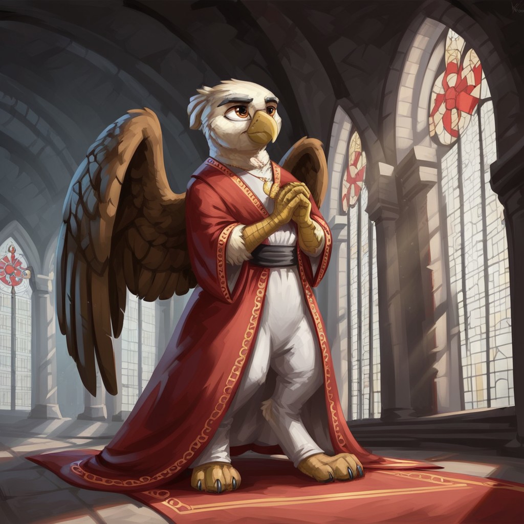masterpiece, score_9, score_8_up, score_7_up, source_furry, (best quality:1.1), ultra-detailed, high resolution, solo, Archon Eros VII, mlp, griffon, avian, old, feral, male, brown eyes, thick black eyebrows, beak, closed mouth, feathery, wings, full body, red religious clothing, red yarmulke, jewelry, necklace, detailed facial features, dark, dim lighting, In the church, medieval, rich decor, reflective torches, looking around cautiously, holding a frankincense, glowing fires, highly visible, anatomically correct, detailed background
