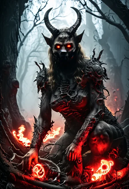 silhouette style, cinematic film still of the silhouette of an disembodied of a female demon,head, multiple eyes, horrific, with a megaphone instead of his head sitting on a branch at night, with glowing eyes, very detailed, haze lighting, backlit, 4k uhd masterpiece, blackmetal style, xerox, black and white, BadDream, UnrealisticDream, Doomguy, soviet poster, femalebonedemon