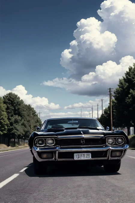 scenery,sky,blue sky,cloud,road,tree,street,car,(muscle car),(day),outdoors,(no humans),(retro style),(high contrast:1.5),(realistic),photoshop \(medium\),blurry background,Highly detailed,(ultra-detailed),(best quality,masterpiece:1.5),<lora:ãé£æ ¼æ»¤éã-é«å¯¹æ¯åº¦æè°è¶çé£æ ¼:0.5>,