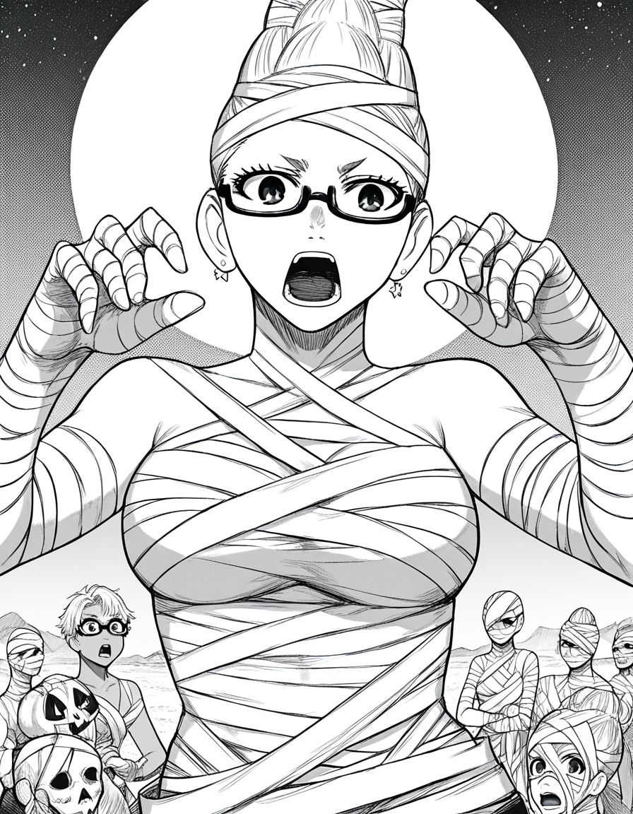 score_9, score_8_up, score_7_up, source_anime, <lora:seiko-ayase-manga-ponyxl-lora-nochekaiser:1>, seiko ayase, long hair, large breasts, monochrome, greyscale, earrings, glasses, hair bun, semi-rimless eyewear, under-rim eyewear,, <lora:mummy-costume-ponyxl-lora-nochekaiser:1>, mummy costume, bandages, halloween costume, bandaged arm, zombie pose, bandage on face,, desert, moon, night, open mouth, , dutch angle, cowboy shot