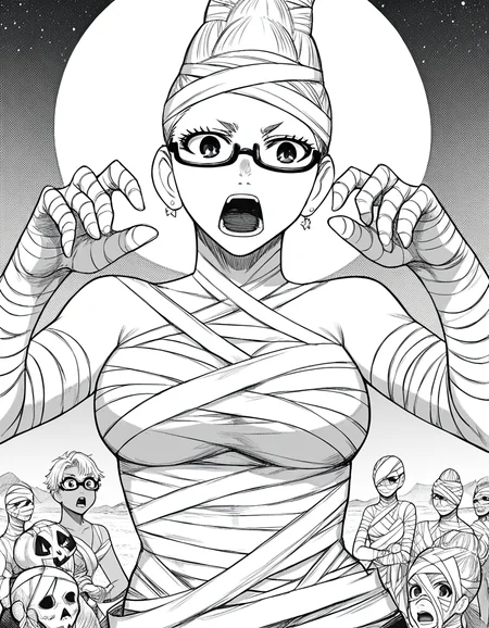 score_9, score_8_up, score_7_up, source_anime, <lora:seiko-ayase-manga-ponyxl-lora-nochekaiser:1>, seiko ayase, long hair, large breasts, monochrome, greyscale, earrings, glasses, hair bun, semi-rimless eyewear, under-rim eyewear,, <lora:mummy-costume-ponyxl-lora-nochekaiser:1>, mummy costume, bandages, halloween costume, bandaged arm, zombie pose, bandage on face,, desert, moon, night, open mouth, , dutch angle, cowboy shot