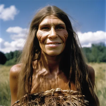 neanderthal woman, primitive clothing, meadow, blue sky <lora:sdxl-neanderthal_captions:0.8> neanderthal woman, looking at viewer, long hair, smile, upper body, realistic, 1girl, closed mouth, lips