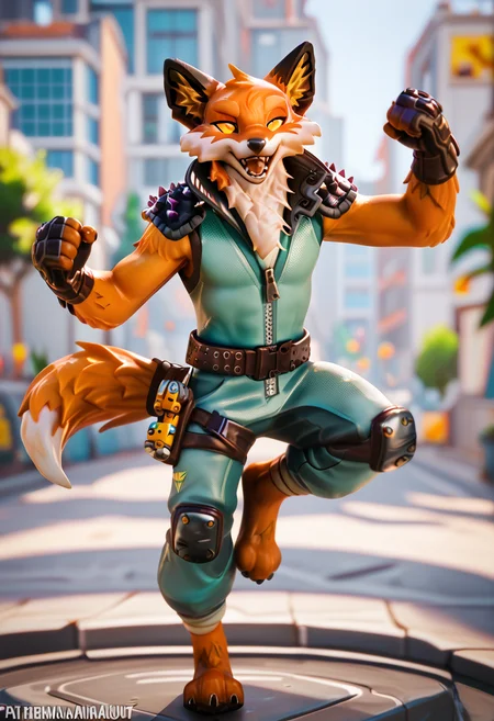 score_9, score_8_up, score_7_up, best quality, highres, 1boy, fennix, fortnite, anthro, furry, city, happy, full body, action pose, detailed background, looking at viewer, <lora:Fennix_Fortnite:1>