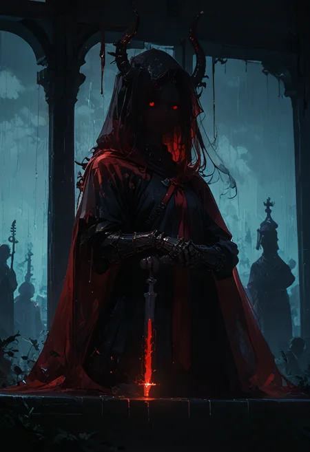 score_9, score_8_up, score_7_up, NLSTN, glowing, dark, a girl, horns, glowing tears, arm0rs3nt1n3l, templar, gauntlets, sheath, veil, cloak, hood up, pauldrons, sheathed, raining, looking_at_viewer, huge statue behind her, holding_dagger, red cape, <lora:sdxl_lightning_8step_lora:1> <lora:p-skin:1> <lora:NLSTN:1,1,0,0,1,0,1,1,1,0,0,0> <lora:ArmorSentinelV2:0,0,1,0,0,0,1,0,0,0,0,0>