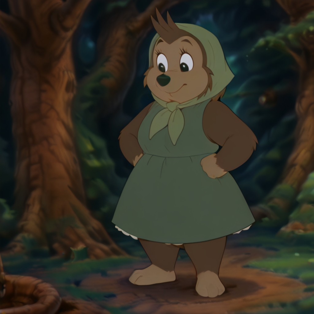 masterpiece, best quality, amazing quality, RussellMomouaf, semi-anthro, female, hedgehog, brown fur, black eyes, green dress, green head_scarf in forest, standing, hands on hips, from front, full body, <lora:00cbc118-f983-4c89-9ac2-61c8d83a84ef:1.0>