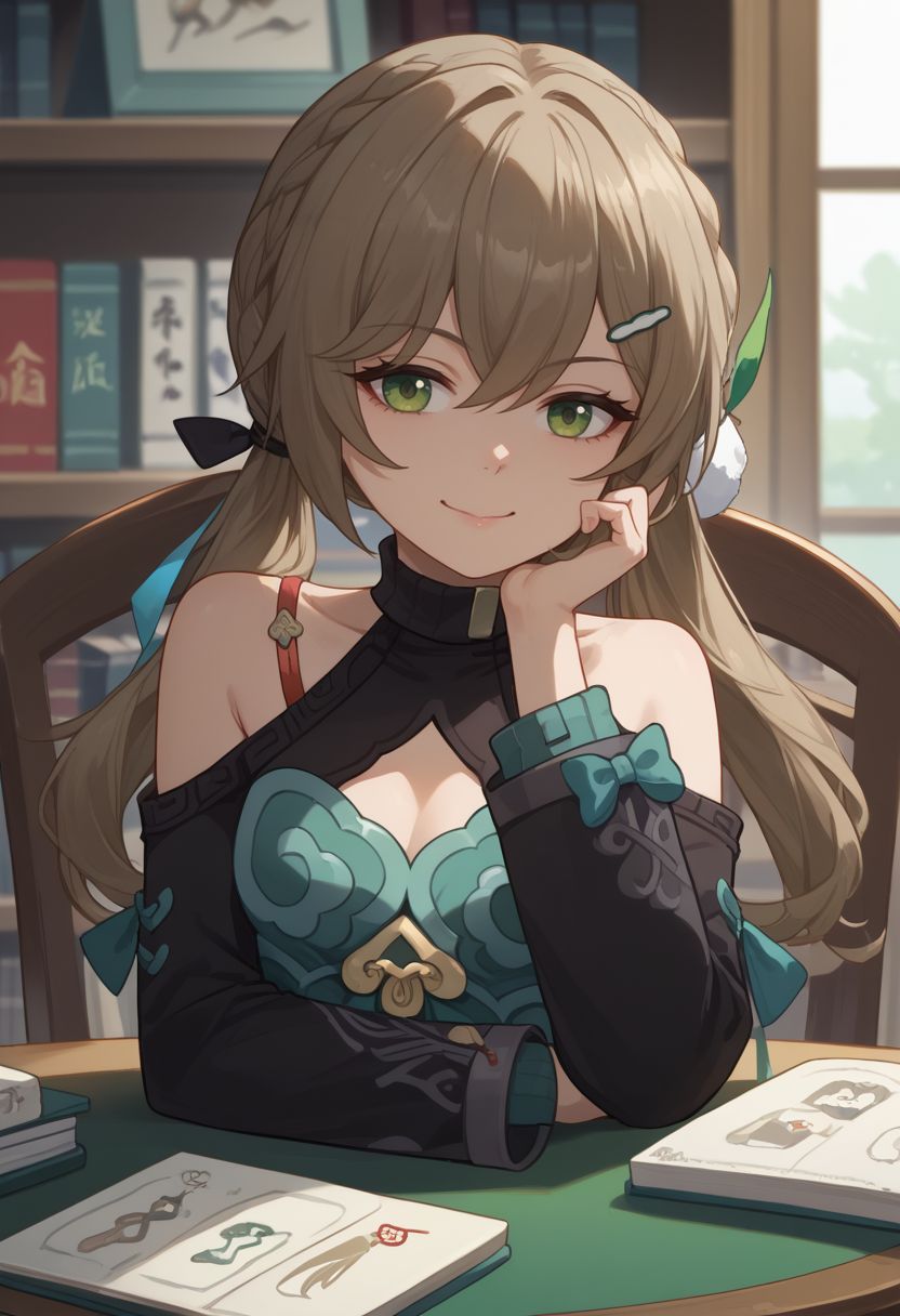 score_9, score_8_up, score_7_up, source_anime, 1girl, qingquedef, green eyes, brown hair, long hair, twintails, braid, hair ornament, hairclip, small breasts, bare shoulders, shoulder cutout, clothing cutout, cleavage cutout, turtleneck, dress, long sleeves, skirt, tassel, mahjong tile, mahjong, sitting, on chair, table, head rest, smile, closed mouth, looking at viewer, indoors, library, portrait, close-up, upper body, facing viewer, <lora:Qingque_v1-000010:1>