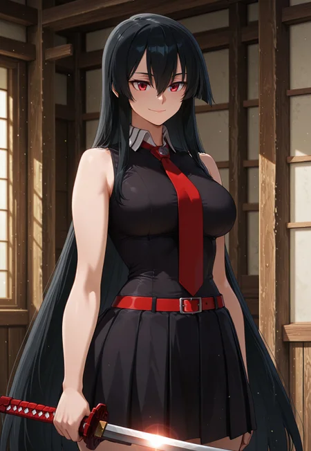 safe_pos, masterpiece, best quality, amazing quality, very aesthetic, light particles, scenery, ultra detailed, masterpiece \(quality\), BREAK, 1girl, solo, Akame, red_eyes, black_hair, very_long_hair, hair_between_eyes, medium_breasts, sleeveless_shirt, black_shirt, collared_shirt, pleated_skirt, black_skirt, red_belt, red_necktie, katana, smile, holding weapon, holding sword, closed mouth, fate \(series\), ,masterpiece,best quality,amazing quality, very awa, perfect_anatomy, intricate eyes, anatomically_correct_body, year2024, year2023, ultra high resolution, 4k, UHD, HD, (nyantcha:0.5), (detailed background),