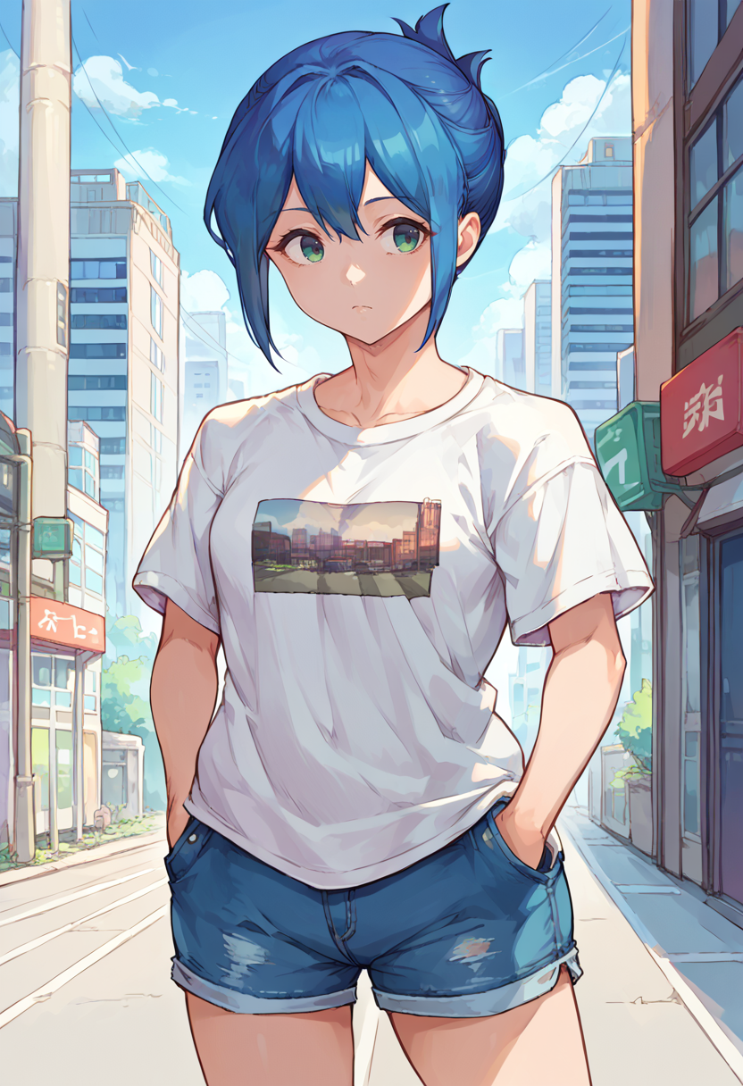 score_9, score_8_up, source_anime, 1girl, solo, KanokoMamiya, green eyes, blue hair, short hair, folded ponytail, t-shirt, denim shorts, standing, outdoors, city, hands in pockets, <lora:ChamKanokoMamiyaPonyXL:1>