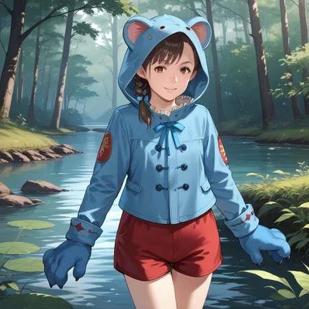 anime coloring, score_9, score_8_up, score_7_up, score_6_up, natalia-korda, resident evil, 1girl, blue ribbon, brown eyes, brown hair, lips, braid, blue jacket, paw gloves, red shorts, marching, smiling, in the forest, creek, undergrowth, succulents, animal hood, (bear costume:0.7)