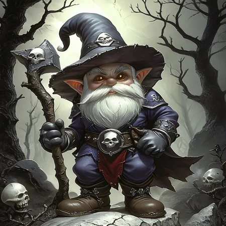 ArsMJStyle, dnddarkestfantasy, <lora:DnD_Darkest_Fantasy_Party:1>, Gnome, The image is a digital illustration of a gnome sitting on a rock in a dark and eerie forest. The gnome has a long white beard and a pointed hat with a skull and crossbones emblem on it. He is holding a large axe in his right hand and has a menacing expression on his face. The background is filled with dark and ominous foliage with a hint of smoke and fog. The overall mood of the image is dark and foreboding., hat, 1boy, facial hair, solo, male focus, beard, witch hat, staff, pointy ears, skull, belt, glowing, holding, white hair, glowing eyes, cape, wizard, boots, mushroom, old man, standing, gloves, wizard hat, old, mustache, rock, tree, dnddarkestfantasy