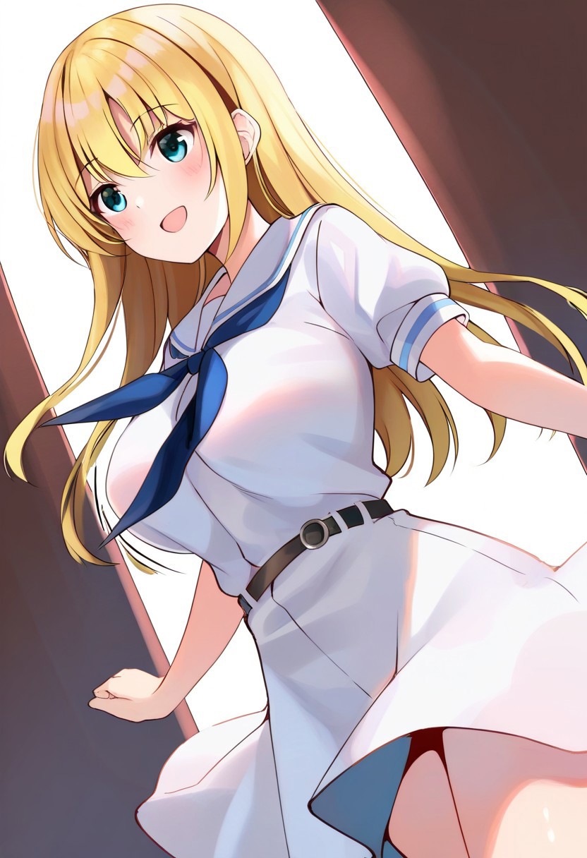 general,highres, ultra-detailed,very aesthetic,best quality ,best hands,best eyes,easynegative, dynamic anglre, dutch angle, anime cloring,  facing away,
  ,1girl, solo,oohoshi awai,blonde hair,blue eyes,blue hair,long hair,breasts,shiraitodai school uniform,,
,(school uniform)
,full_body_shot ,( breasts),
,,blush, Open mouth ,smile, ,
(thin waist)
,
,  (round breasts:1.5),
perfect lighting, volumetric lighting, indoor lighting, sensual, sexy,  
,,, perfect face,, (perfect eyes:1.5),
  ,
,,,
,
bouncing breasts, motion blur, motion lines,