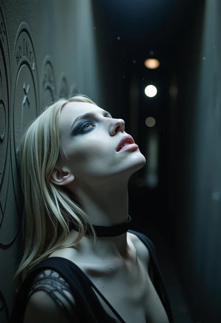 Cinematic low-light photo, closeup portrait of ghostly pale hungarian super model with long blonde hair in a crazy eccentric style. Her head is tilted upwards to the side and looking to the top right, her mouth slightly open in an expression of wonder or surprise. She is wearing intense makeup dominated by excessive use of black eyeshadow and lipstic. A lace choker can be seen adorning her slender neck. The overall style is unconventional and avant-garde. Her piercing light blue eyes contrast against the dark makeup. The scene is set in a narrow corridor with occult and alchemical symbols carved into the walls. Volumetric lighting accentuates the dim light. Particles floating add to the atmosphere of the dark scenery. The image is highly detailed and hyper realistic, its composition asymmetrical and dynamic. <lora:flux\flux_stefan_gesell_15> <lora:flux\flux_skinny_slider> <lora:flux\flux_35mm_joycap>