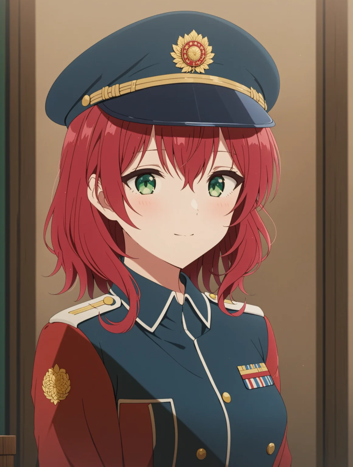 masterpiece, best quality,
1girl,solo,
<lora:dahlia.sdxl.v2:0.9> dahlia, red hair, green eyes,
teenager,
military uniform, blue uniform, baret, blue headwear,