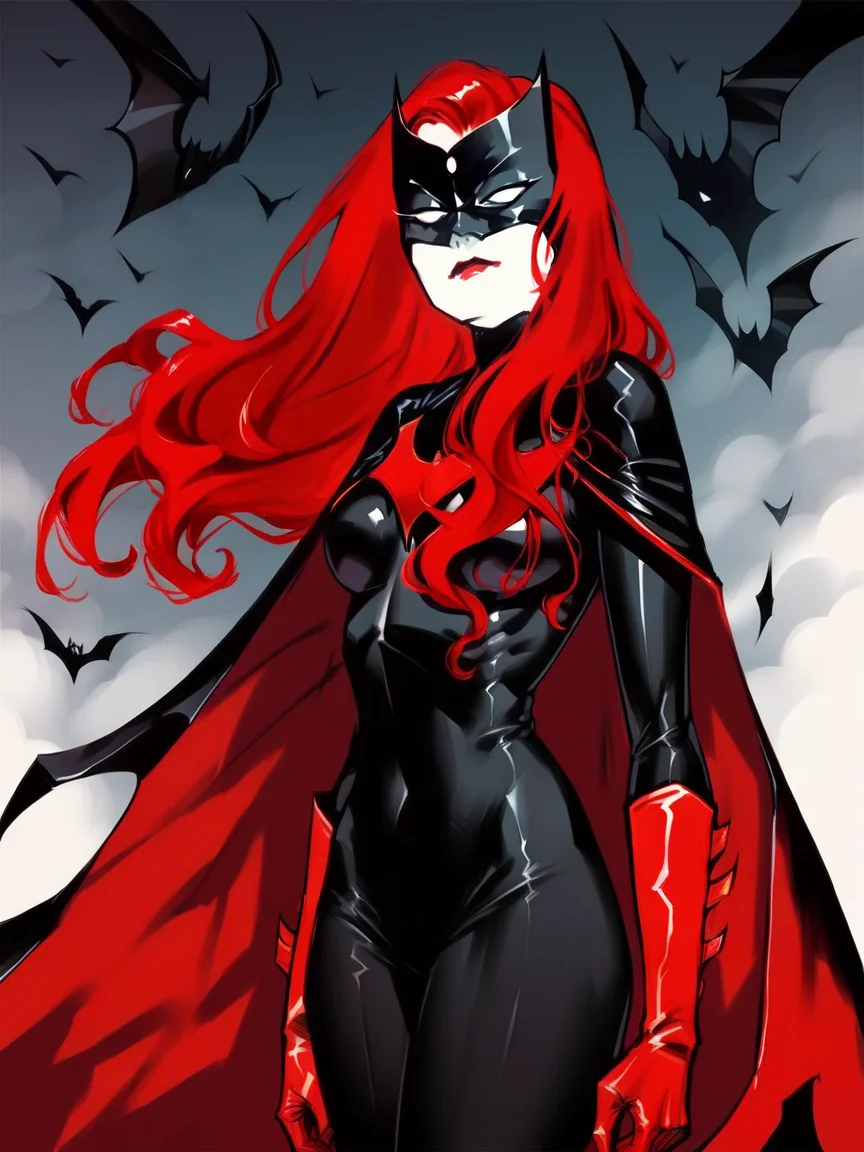 score_9, score_8_up, score_7_up, score_6_up, score_5_up, <lora:B4twomanXLP:1> b4twoman, 1girl, solo, red hair, gloves, long hair, mask, cape, bodysuit