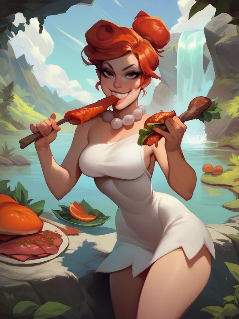 score_9, score_8_up, score_7_up, 1girl, dynamic pose, cowboy shot, looking at viewer, smile, lake, waterfall, vegetation, grabbing a meat, sexually suggestive, naughty face, eating,
<lora:AWilmaFlintstone_character-10V2:0.8>, WilmaXLP, orange hair, hair bun, makeup, white dress, bare legs, pearl necklace, cartoon,<lora:Bonifasco_PonyXL_v1:0.65>