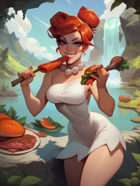score_9, score_8_up, score_7_up, 1girl, dynamic pose, cowboy shot, looking at viewer, smile, lake, waterfall, vegetation, grabbing a meat, sexually suggestive, naughty face, eating,
<lora:AWilmaFlintstone_character-10V2:0.8>, WilmaXLP, orange hair, hair bun, makeup, white dress, bare legs, pearl necklace, cartoon,<lora:Bonifasco_PonyXL_v1:0.65>