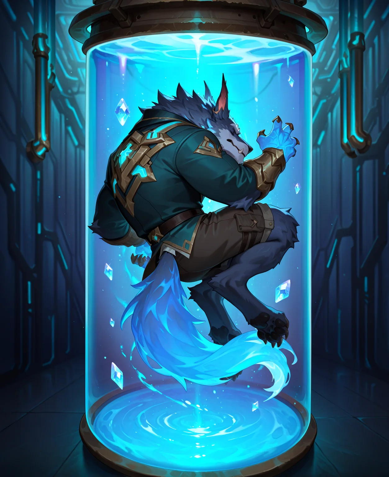 (artist:null-ghost),2024,digital drawing,bara,(artist:lindong:0.35),zPDXL2,masterpiece,best quality,amazing quality,(male focus),Close Up,(front),
<lora:Warwick:1>,WBWarwick,ornate (suit),glowing tail,Glowing fluorescent blue,Warwick,tubes,ripped shorts,bracers,(floating inside glass ),
midair,(floating inside a huge glass water tank cylinder full of water),intricate futuristic design,wearing sleek suit,flowing tail,sleeping peacefully,dark and ominous background with a faint laboratory visible through the glass,cinematic lighting,neon accents,dystopian mood,âfloating crystals,Culture tank,
best quality,newest,masterpiece,absurdres,highres,male furry,handsome,(solo),serene,