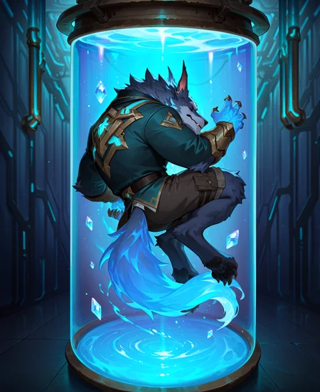 (artist:null-ghost),2024,digital drawing,bara,(artist:lindong:0.35),zPDXL2,masterpiece,best quality,amazing quality,(male focus),Close Up,(front),
<lora:Warwick:1>,WBWarwick,ornate (suit),glowing tail,Glowing fluorescent blue,Warwick,tubes,ripped shorts,bracers,(floating inside glass ),
midair,(floating inside a huge glass water tank cylinder full of water),intricate futuristic design,wearing sleek suit,flowing tail,sleeping peacefully,dark and ominous background with a faint laboratory visible through the glass,cinematic lighting,neon accents,dystopian mood,âfloating crystals,Culture tank,
best quality,newest,masterpiece,absurdres,highres,male furry,handsome,(solo),serene,