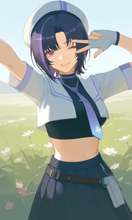 (1girl),(solo),dark purple hair,streaked_hair,jiale\(asoul\),jialesailor,
artist:rei \(sanbonzakura\),artist:ask \(askzy\),artist:ningen mame,artist:doremi (doremi4704),
mature female,tall female,medium breasts,skirt,shirt,gloves,hat,short_sleeves,pleated_skirt,necktie,midriff,belt,white_gloves,fingerless_gloves,black_skirt,crop_top,beret,
vibrant expression,winking,peace sign,outdoors,surrounded by flowers,sunlight,clear sky,fresh and energetic,v over eye,look at viewer,
playful pose,cowboy_shot,bright and cheerful,vibrant flowers in the background,sunlit environment,natural energy,closed eye on one side,another hand reaching out,warm sunlight casting shadows,fresh green grass,floral details,joyful and lively mood,soft breeze,cinematic lighting,dynamic composition,aesthetic,best quality,amazing quality,very aesthetic,absurdres,masterpiece,newest,<lora:Carol_testtrain10-000019:0.8>,burry background,
