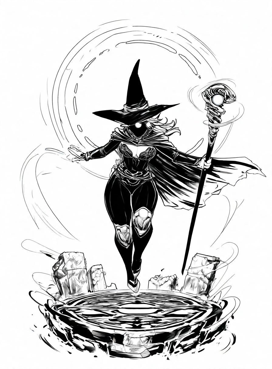 (masterpiece, best quality, high quality, highres), very awa, highres, absurdres, very aesthetic, newest, 1girl, witch hat, magical staff, floating, glowing runes, swirling wind, forest background, mystical energy, enchanted atmosphere, spellcasting, detailed outfit, flowing cape, ancient ruins, glowing eyes, intricate patterns, dynamic pose, <lora:Inked_IL_Style-000003:1> 1nk, monochrome, greyscale, simple background, white background