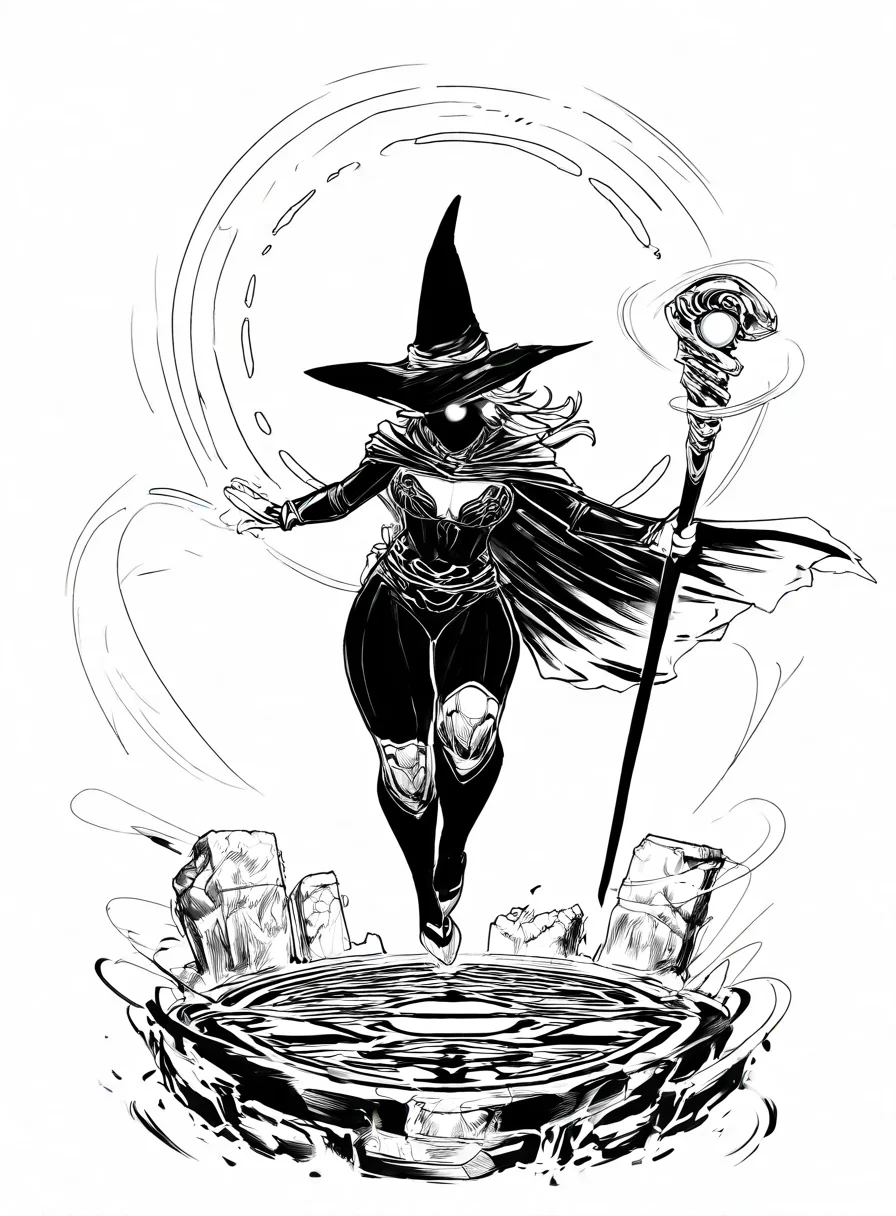 (masterpiece, best quality, high quality, highres), very awa, highres, absurdres, very aesthetic, newest, 1girl, witch hat, magical staff, floating, glowing runes, swirling wind, forest background, mystical energy, enchanted atmosphere, spellcasting, detailed outfit, flowing cape, ancient ruins, glowing eyes, intricate patterns, dynamic pose, <lora:Inked_IL_Style-000003:1> 1nk, monochrome, greyscale, simple background, white background