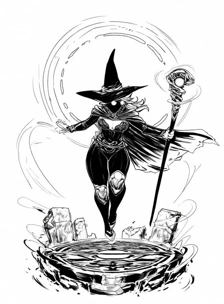 (masterpiece, best quality, high quality, highres), very awa, highres, absurdres, very aesthetic, newest, 1girl, witch hat, magical staff, floating, glowing runes, swirling wind, forest background, mystical energy, enchanted atmosphere, spellcasting, detailed outfit, flowing cape, ancient ruins, glowing eyes, intricate patterns, dynamic pose, <lora:Inked_IL_Style-000003:1> 1nk, monochrome, greyscale, simple background, white background