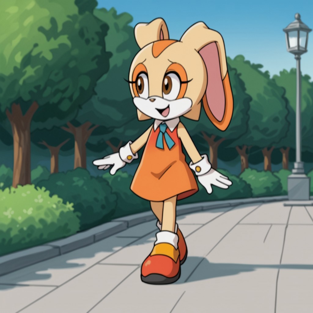 score_9, score_8_up, score_7_up, score_6_up, score_5_up, score_4_up, source_furry, CreamSonX, anthro, female, rabbit, tan fur, brown eyes, orange dress, blue cravat, orange shoes, sleeveless dress, walking, in a park,happy, solo, 1girl