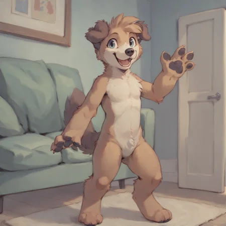 score_9, score_8_up, score_7_up, score_6_up, <lora:PeanutButter_Housepets_PDXL_v1:1> peanutbutterhousepets, inside, ((semi-anthro)), solo, digital drawing \(artwork\), cel shading, black pawpads, paws, realistic anatomy, smile, waving, open mouth, looking at viewer, ((crotch fur, crotch tuft)), featureless crotch, standing
