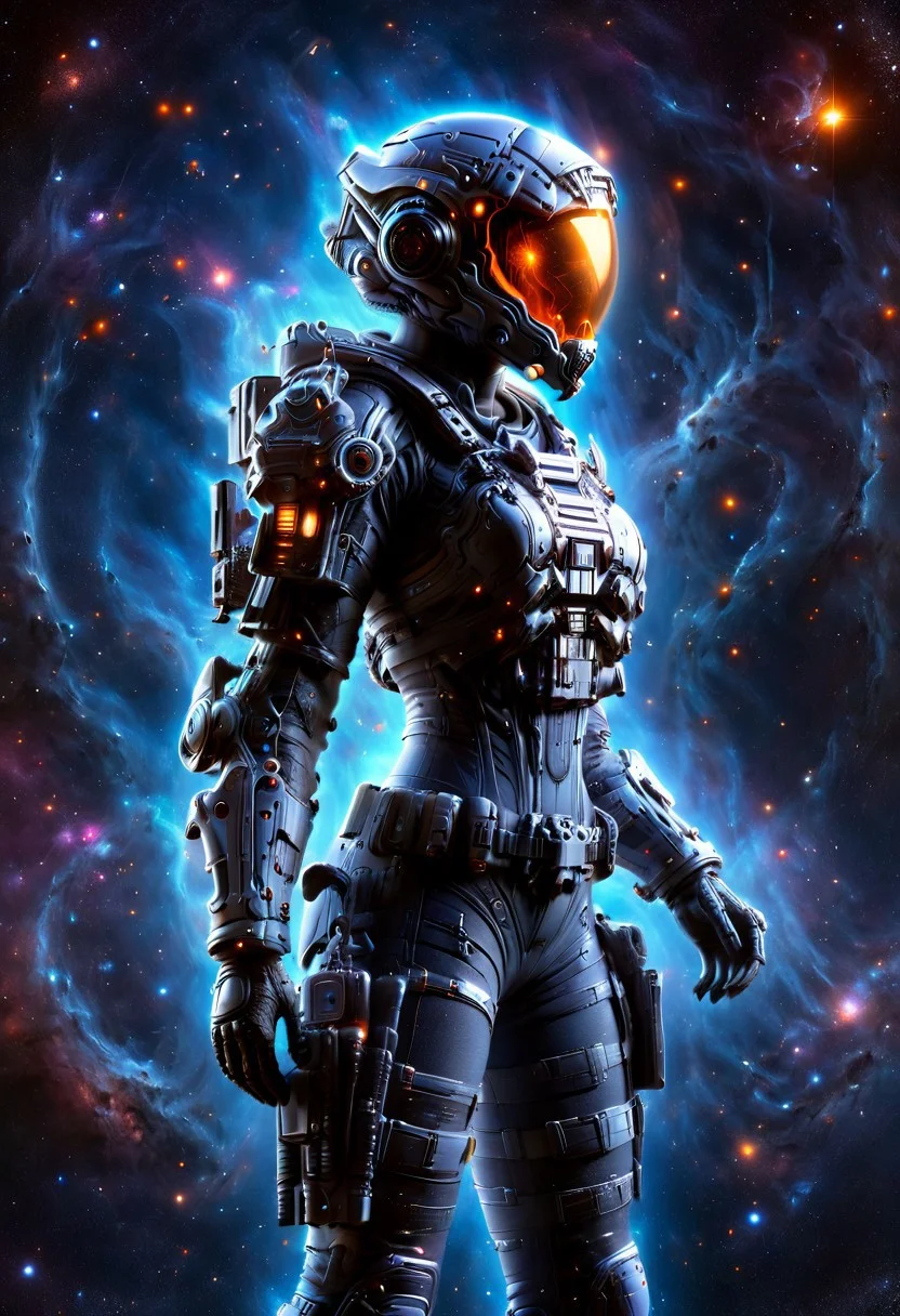 1girl, solo, detailed face, overdetail, spot color, masterpiece, high resolution, 4k, astronaut skin, mad-nbla, mad-nbla, mad-bdyarmr, helmet, rifle, handgun, atronaut made of nebula floating in space, <lora:Space_Nebula_Style_SDXL:1.1>, by Syd Mead and H.R. Giger, surreal, cosmic details, vibrant colors, intricate nebula patterns, glowing stars, deep space background, high contrast, 8k, hyperrealism, (masterpiece:1.2), best quality, dramatic lighting, sharp focus, HDR, <lora:Space_Nebula_Style_SDXL:1.1>, (masterpiece:1.2), best quality